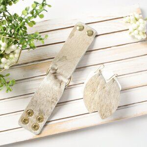 Keva Gold Spot Cheetah Leather Earrings and Cuff Bracelet - NWOT